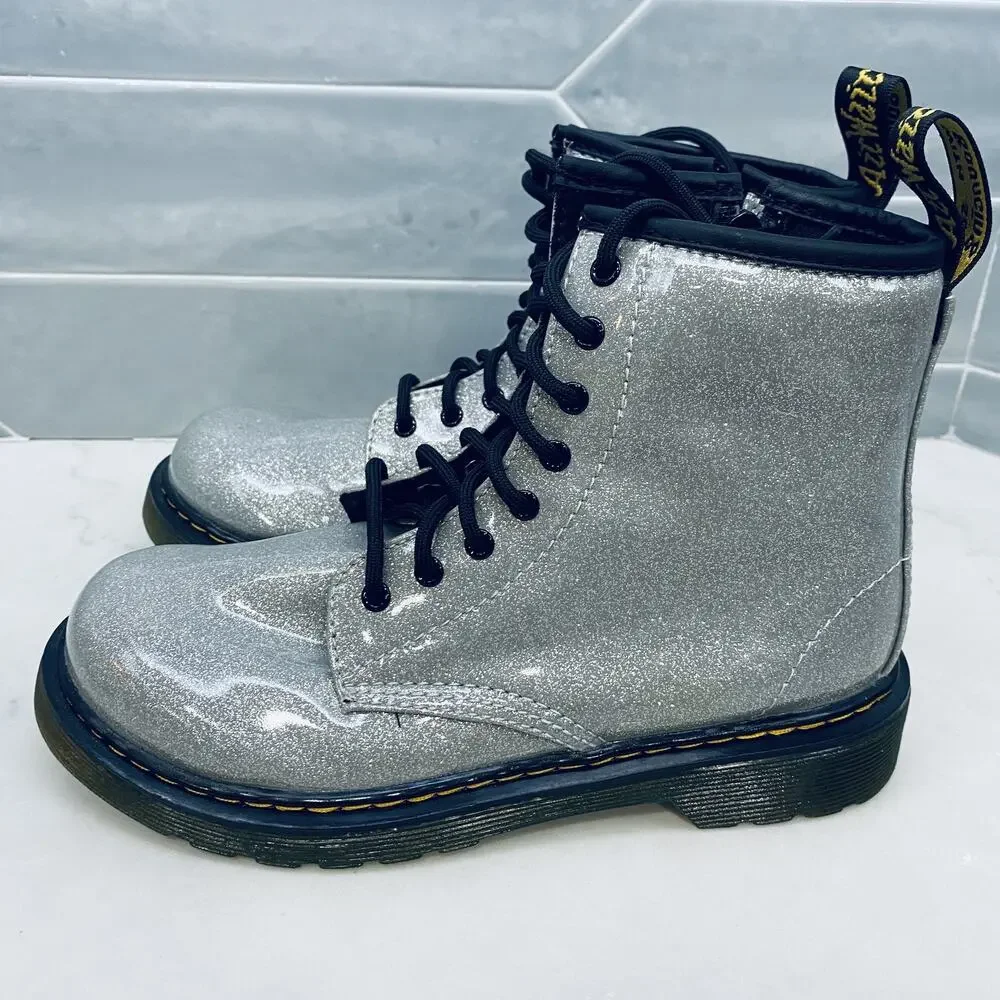 Dr Martens Boots Girls Size 3 Glitter J Youth Silver Lace Up Combat Shoes 1460